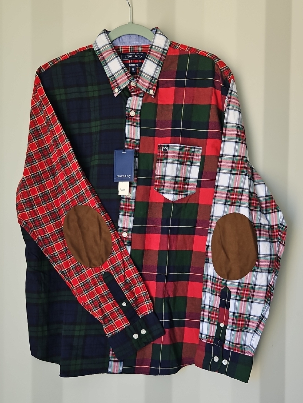 crown & ivy Men's Patchwork Plaid Button-Down Shirt - Red / Green / White / Navy